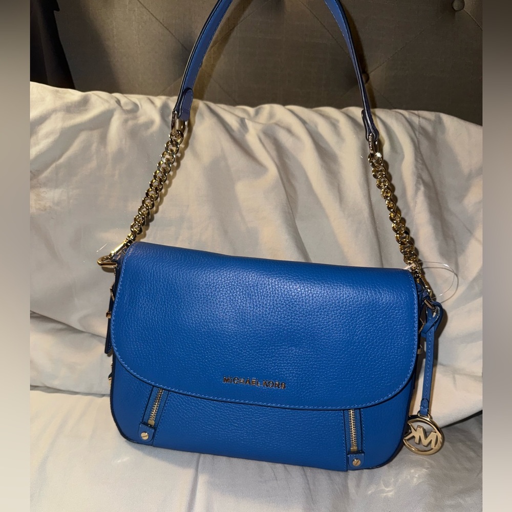 Blue Leather Crossbody Bag with Gold Accents